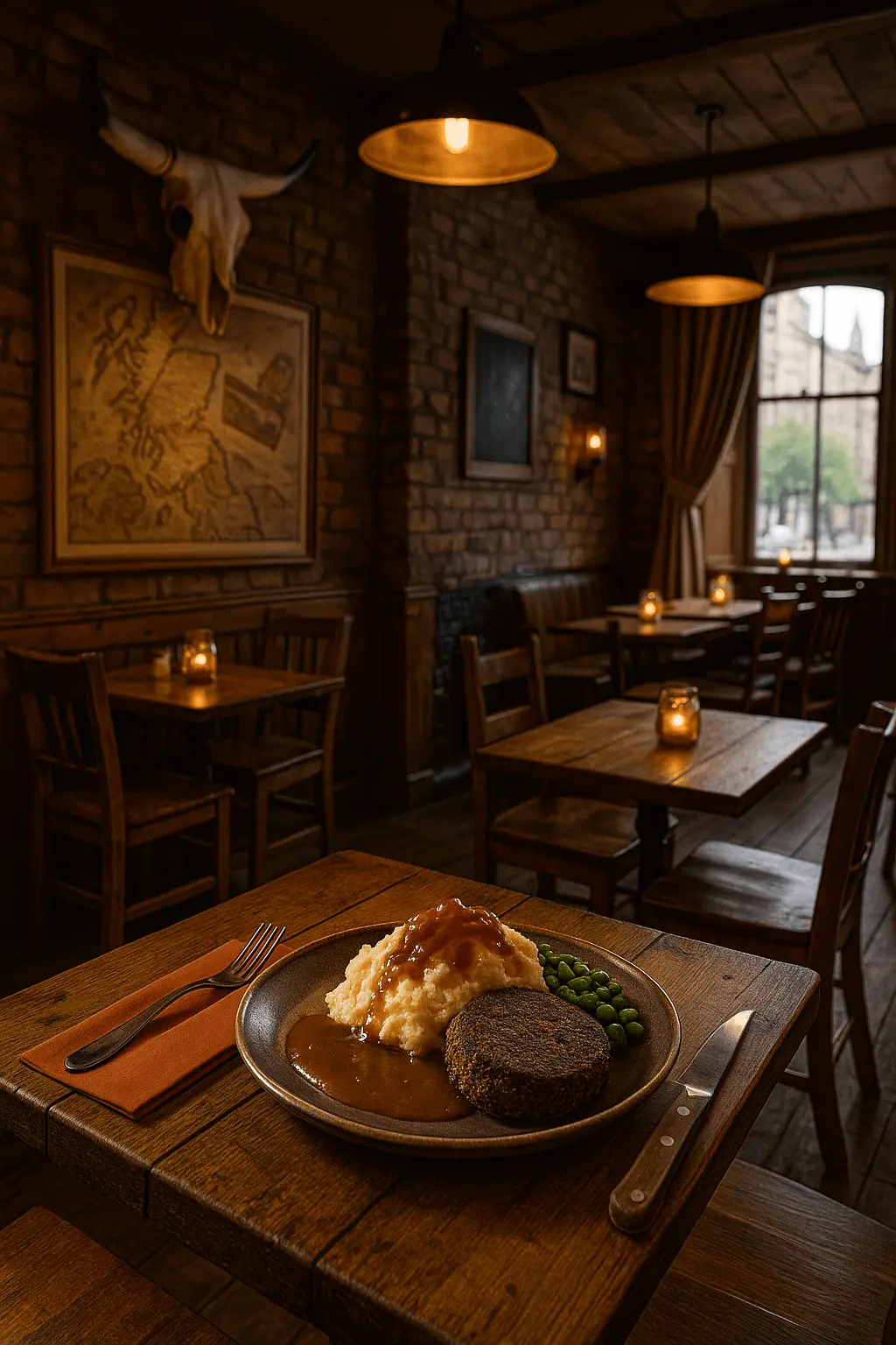 Interior of Makars Gourmet Mash Bar in Edinburgh, featuring rustic wooden tables, exposed stone walls, cozy lighting, and traditional Scottish decor creating a warm, inviting dining atmosphere.