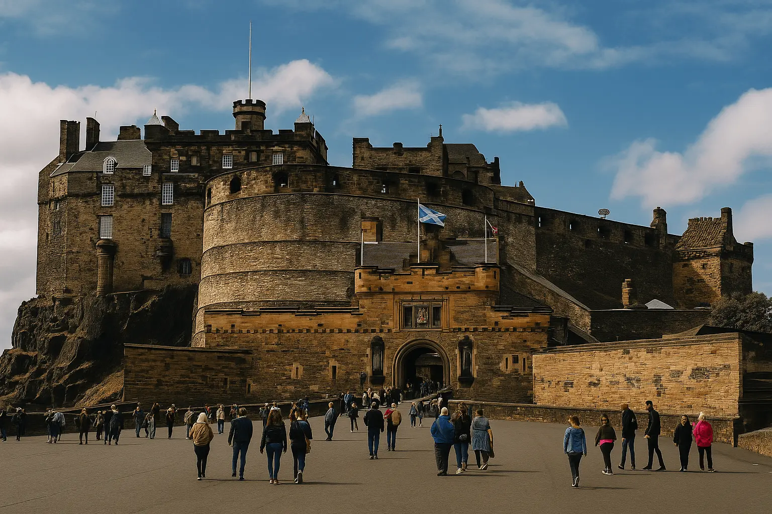Edinburgh Castle perched atop Castle Rock, overlooking the city under a bright blue sky, with historic stone walls and tourists walking near the entrance.