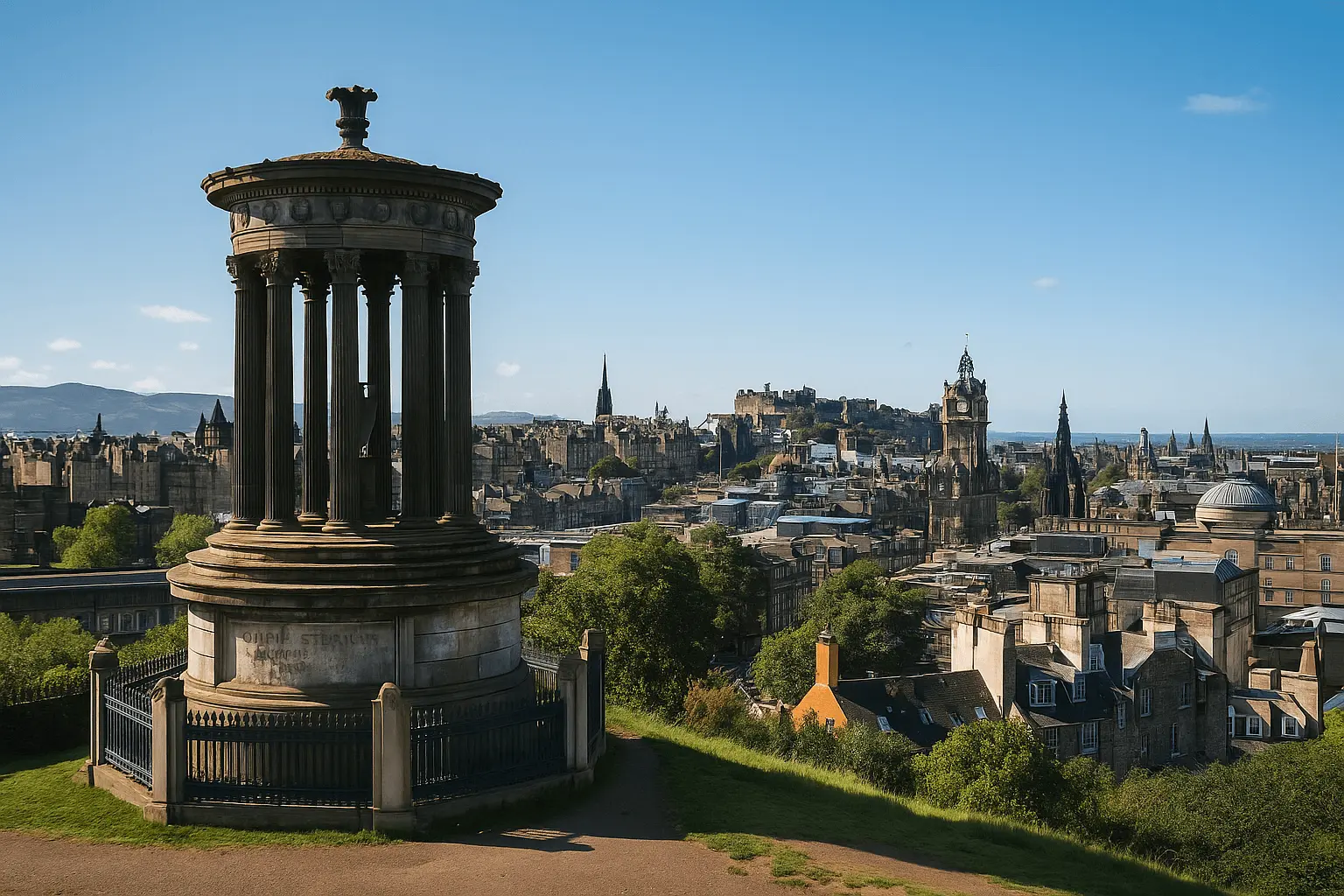 Panoramic view from Calton Hill in Edinburgh, featuring the Dugald Stewart Monument in the foreground and the city skyline in the background during a clear, sunny day.