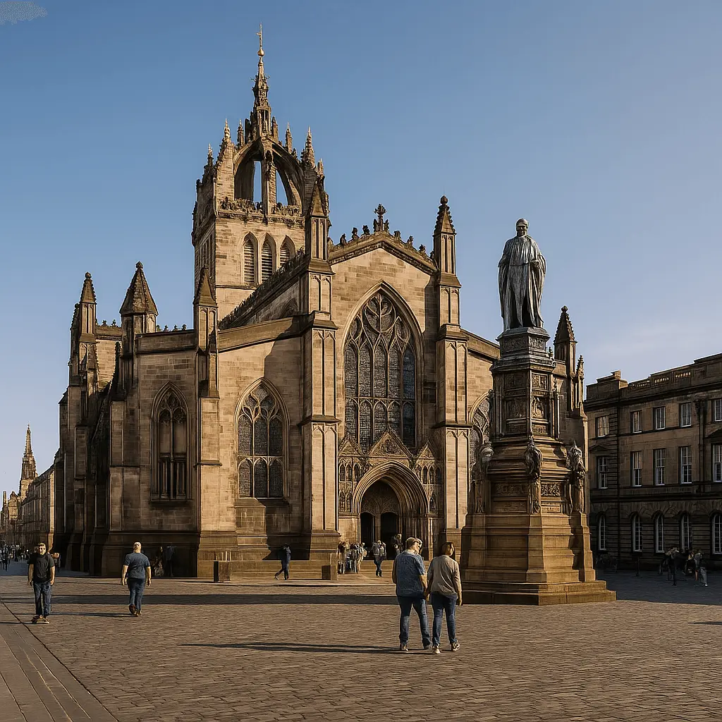 St. Giles' Cathedral in Edinburgh, featuring its distinctive crown-shaped steeple and Gothic architecture under a clear blue sky.
