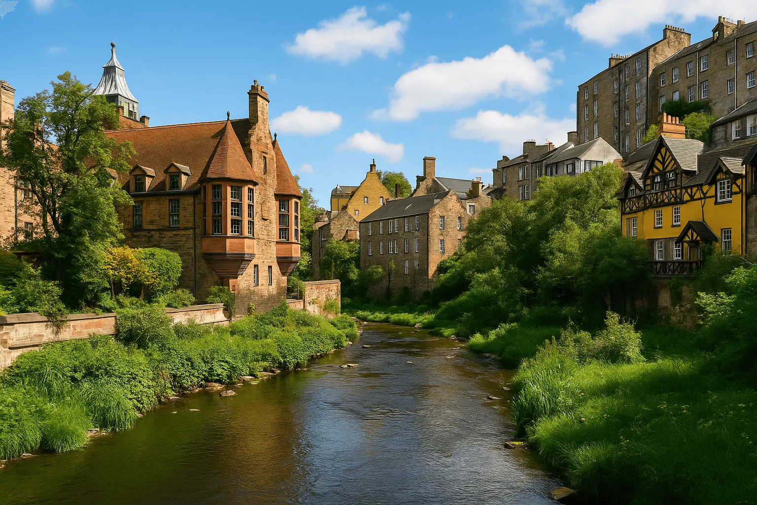 Scenic view of Dean Village in Edinburgh, featuring quaint stone houses along the Water of Leith, lush greenery, and a peaceful riverside path under a clear sky.