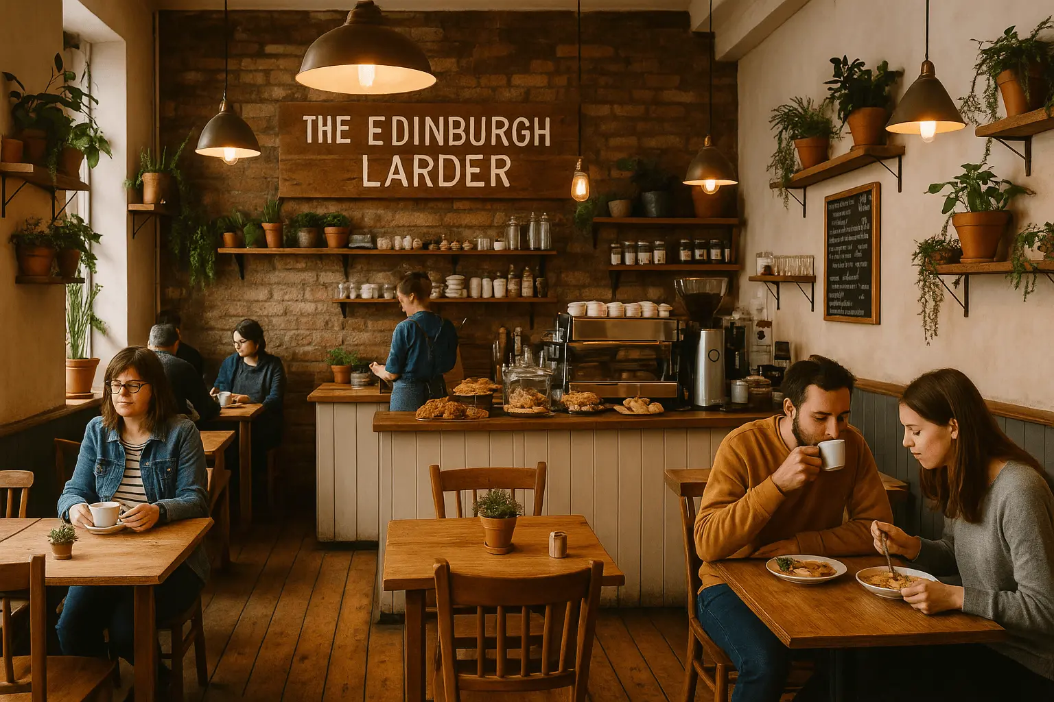 The Edinburgh Larder interior with rustic wooden tables, plants, and customers enjoying breakfast in a cozy, warmly lit café atmosphere.
