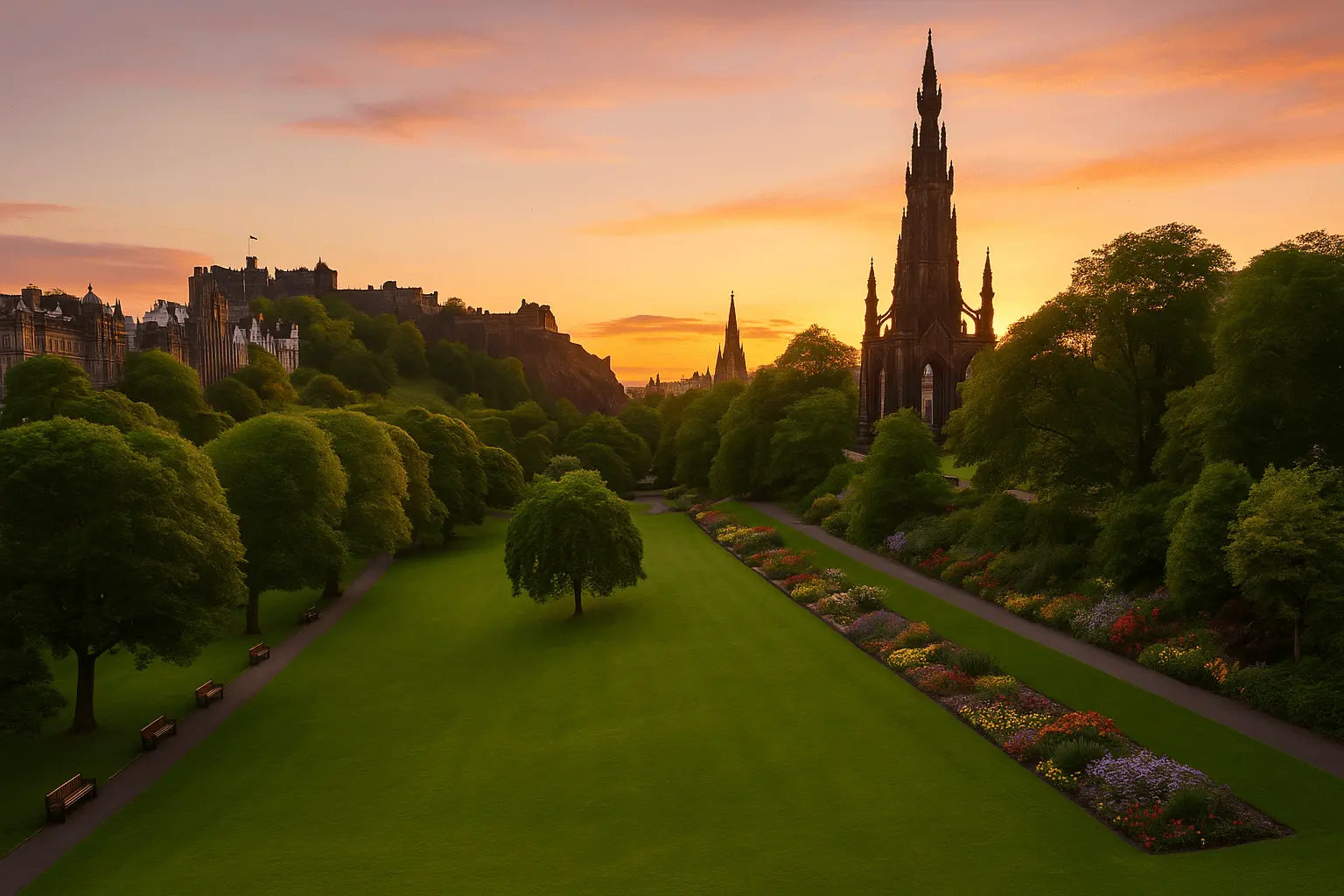 Panoramic view of Princes Street Gardens in Edinburgh at sunset, featuring well-kept lawns, aligned trees, colorful flowerbeds, the Scott Monument on the right, and Edinburgh Castle in the background under an orange sky.