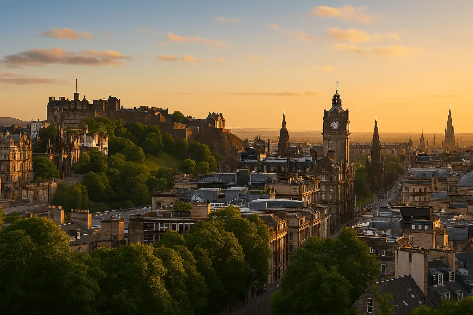 View of Princes Street Gardens in Edinburgh on a sunny day, with people sitting on benches and relaxing on the grass, surrounded by colorful flowerbeds, lush green trees, and historic buildings including Edinburgh Castle in the background.