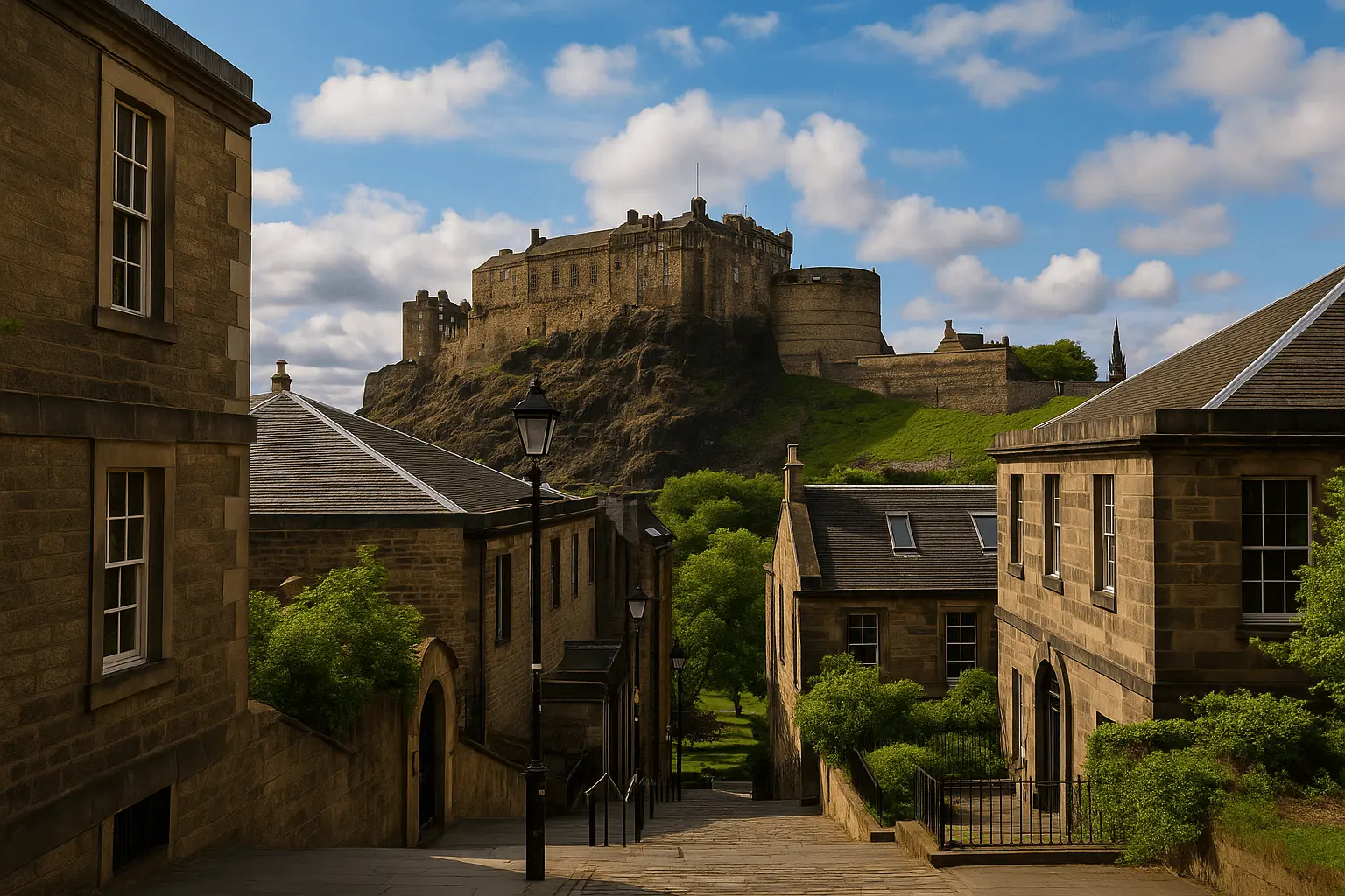 Nighttime view of Edinburgh Castle illuminated atop Castle Rock, overlooking a narrow cobblestone street lined with traditional stone buildings and glowing streetlamps, with a cozy pub warmly lit on the corner.