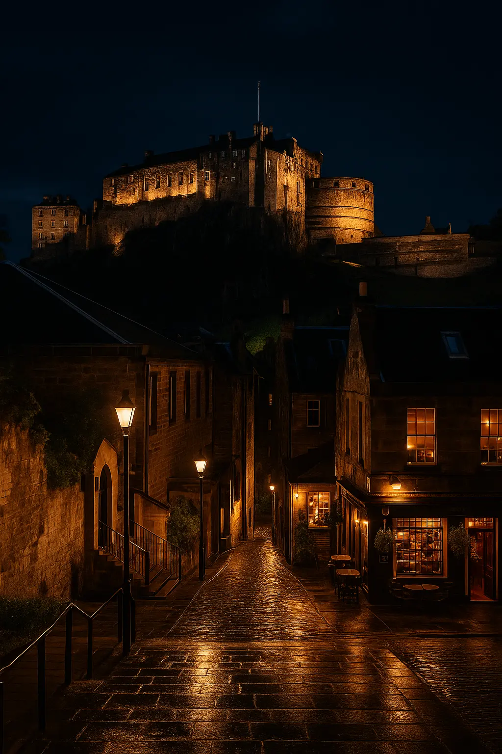 Traditional Scottish pub in Edinburgh with people drinking at wooden tables and a bar filled with whisky bottles in the background.