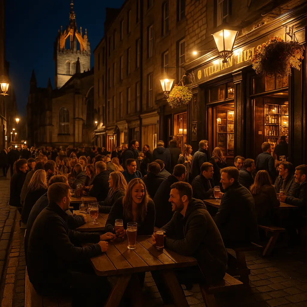 Breathtaking panoramic view of Edinburgh at sunset, with the Royal Mile bustling with people, Edinburgh Castle perched on Castle Rock to the right, and Arthur's Seat and the Scott Monument silhouetted against a vibrant orange and pink sky.