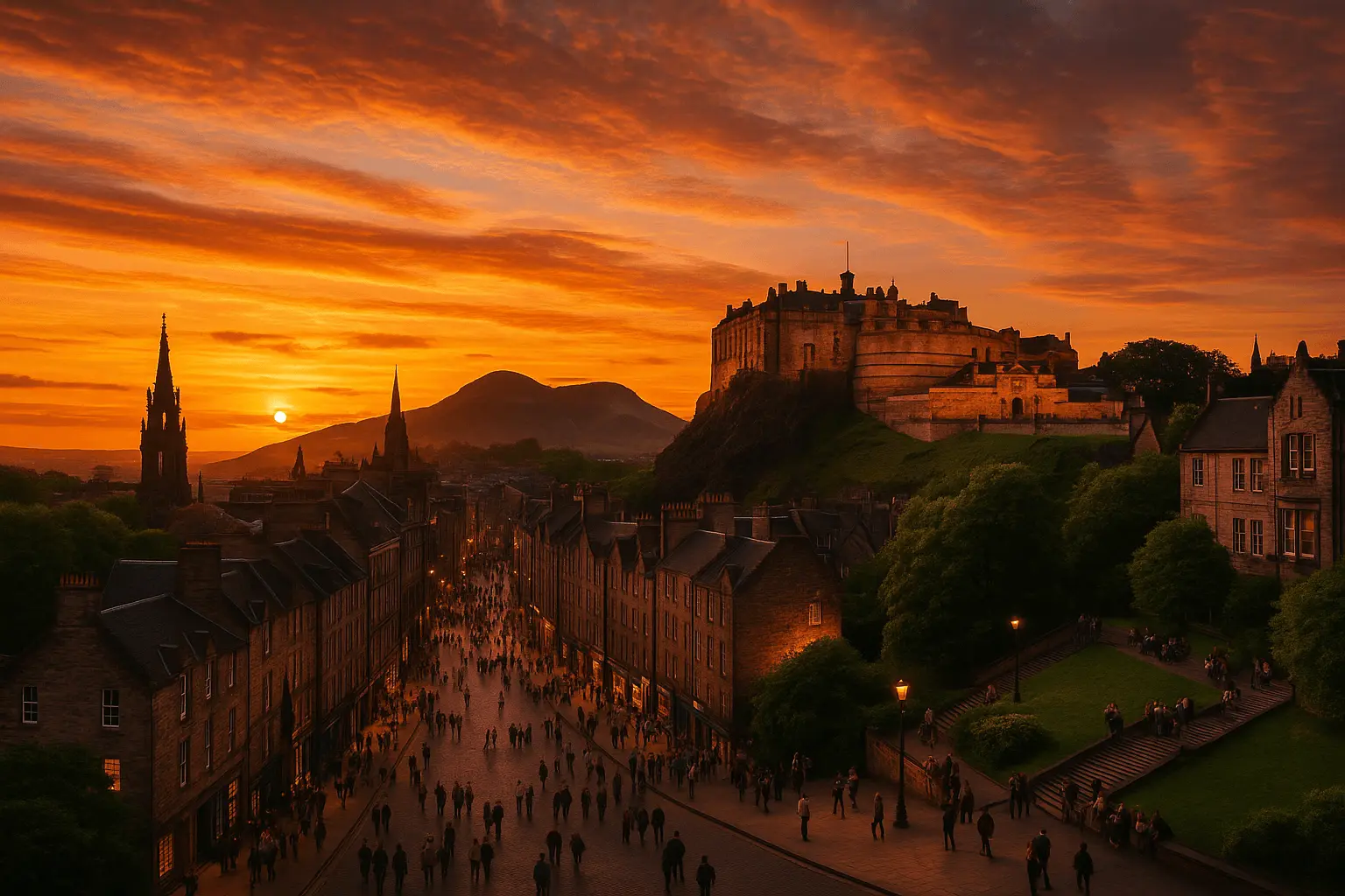 Evening view of the Scott Monument in Edinburgh illuminated against a deep blue sky, with warm streetlights lining the path and people walking along the surrounding Victorian buildings.