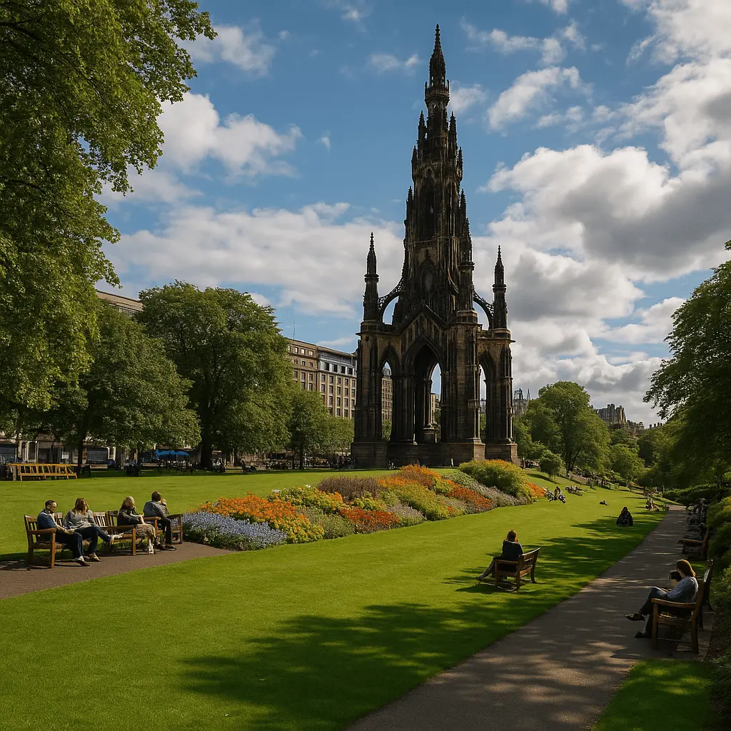 View of Princes Street Gardens in Edinburgh with neatly kept lawns, blooming flower beds, and historic buildings in the background under a bright blue sky.