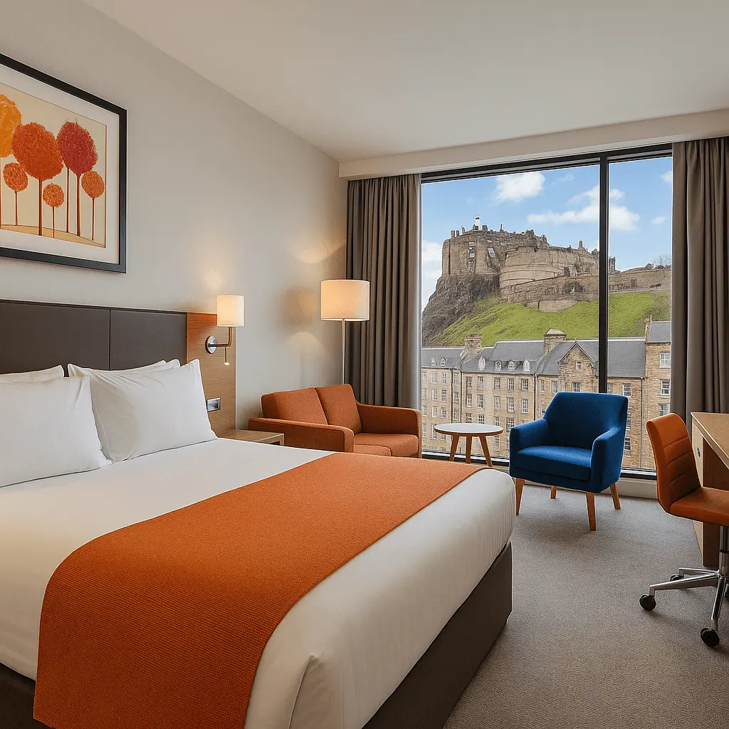 Modern hotel room with a large bed, orange accents, and a seating area, featuring a panoramic window with a stunning view of Edinburgh Castle.