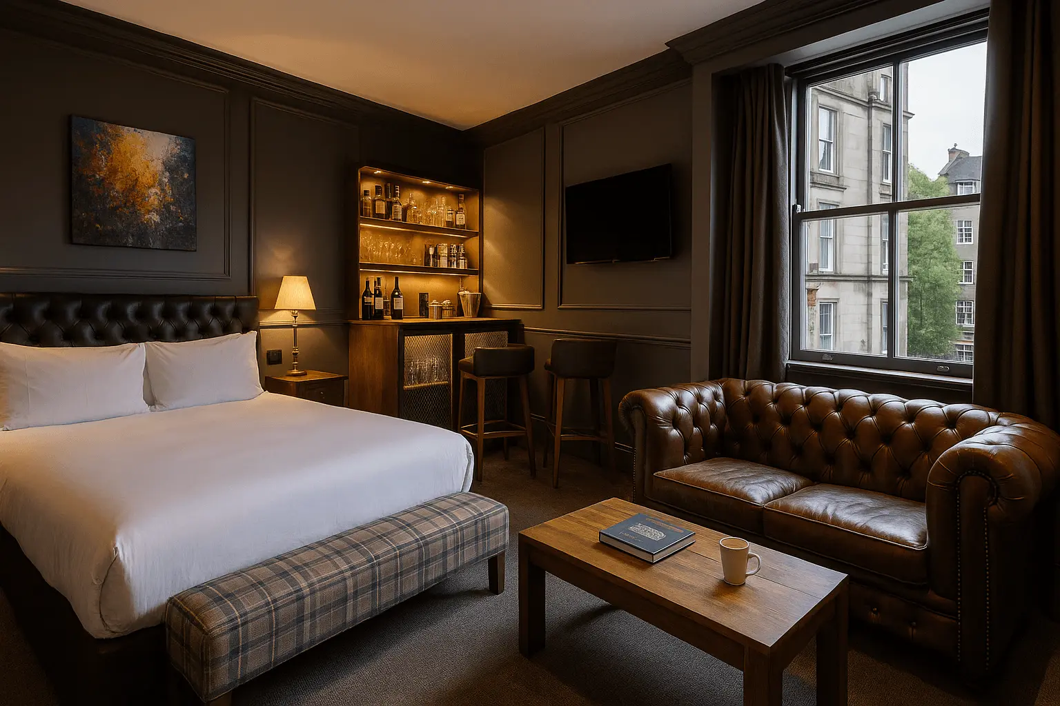 Elegant boutique hotel room at The Inn on the Mile in Edinburgh, featuring a cozy bed, in-room bar, leather sofa, and window overlooking the historic city center.