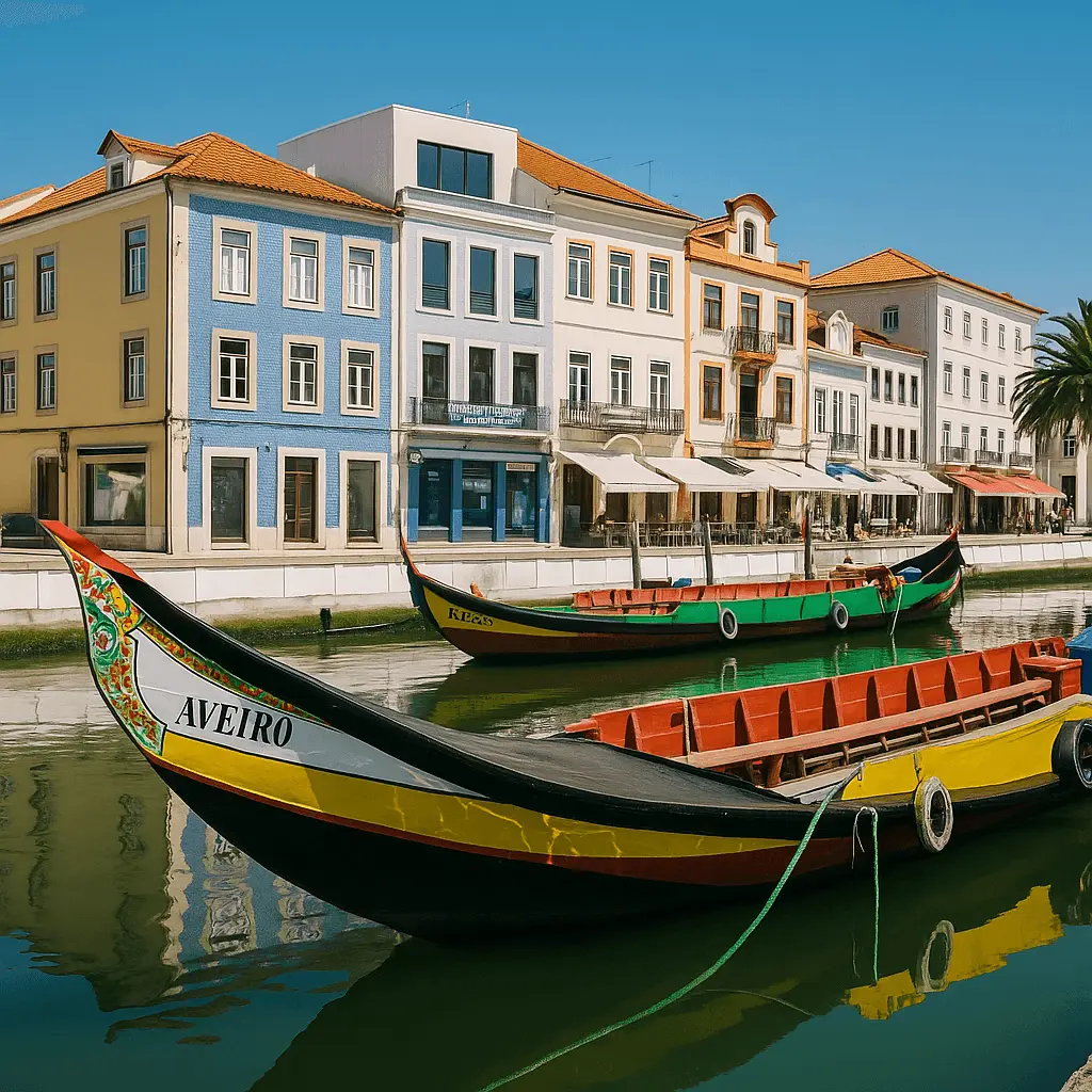 Traditional moliceiro boats floating in a calm canal in Aveiro, Portugal, surrounded by palm trees and colorful historic buildings under a clear blue sky.