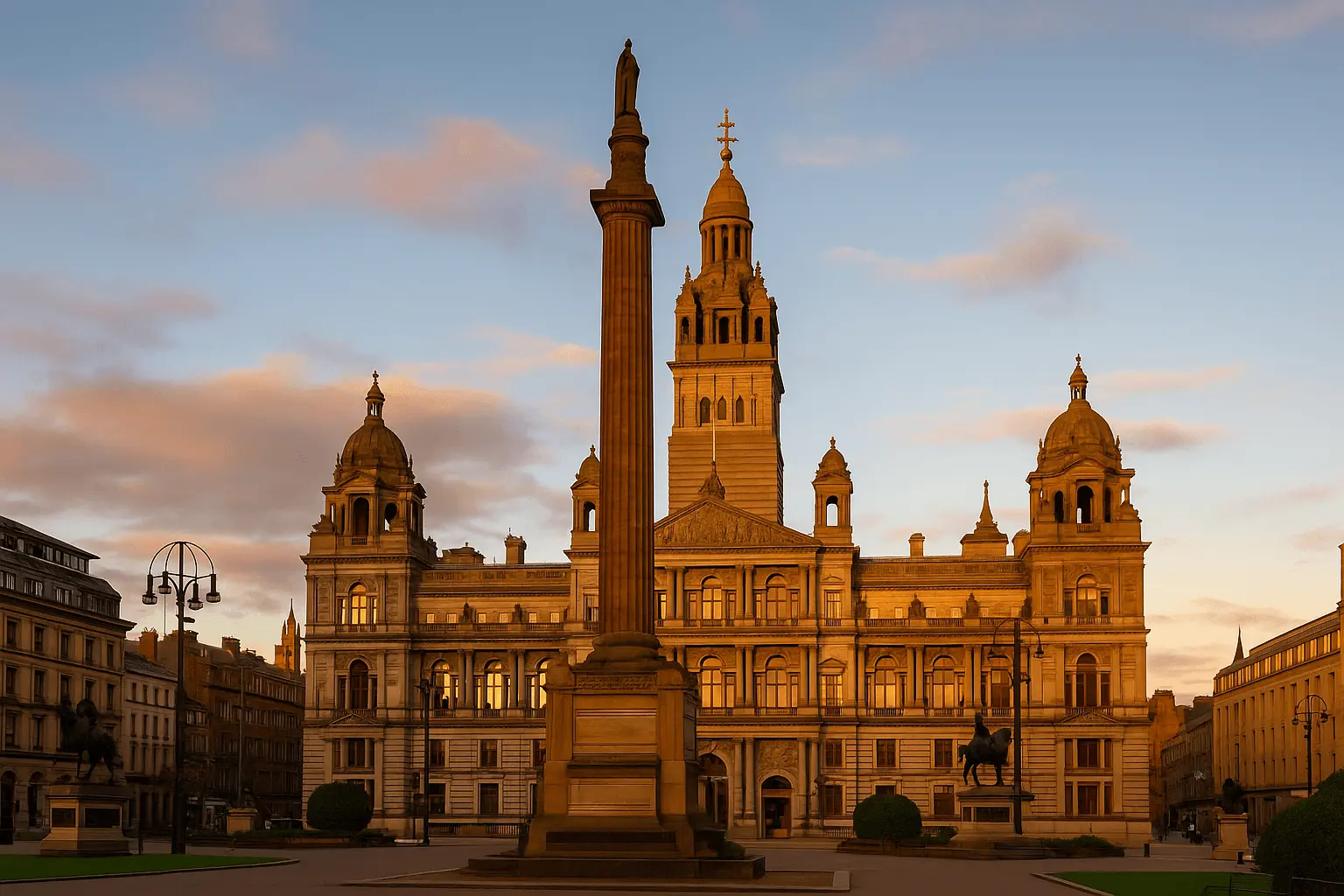 George Square in Glasgow, Scotland, featuring the City Chambers building illuminated by golden hour light, with statues and historic architecture set against a pastel sunset sky.
