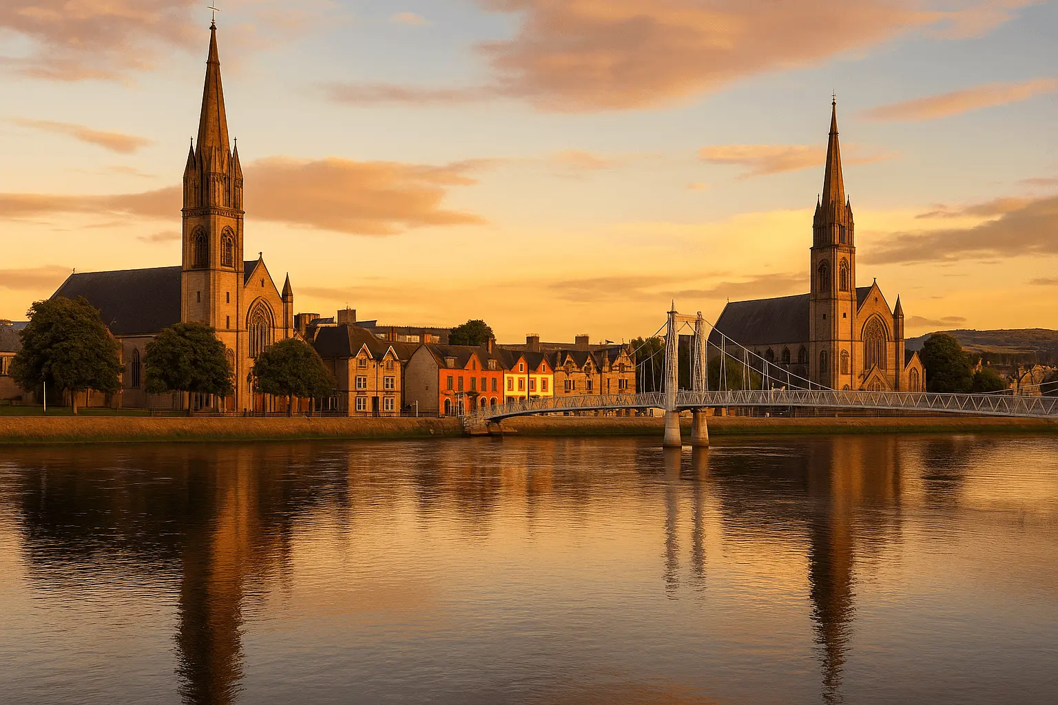 Inverness, Scotland at sunset with the River Ness reflecting golden light, framed by St. Mary’s Church, Inverness Cathedral, the Greig Street Bridge, and colorful townhouses against rolling hills.