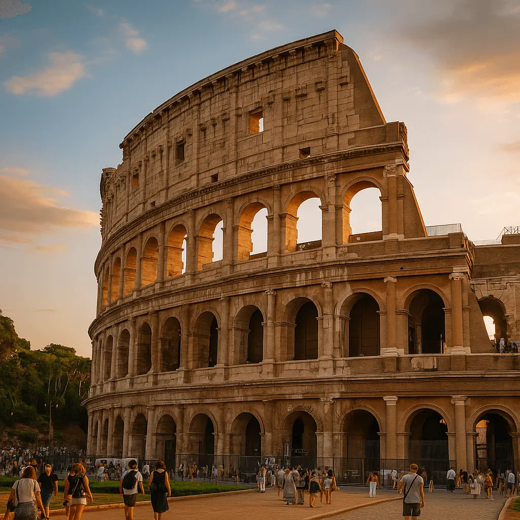Aerial view of Rome at sunset with the Colosseum, Roman rooftops, and ancient ruins bathed in golden light.