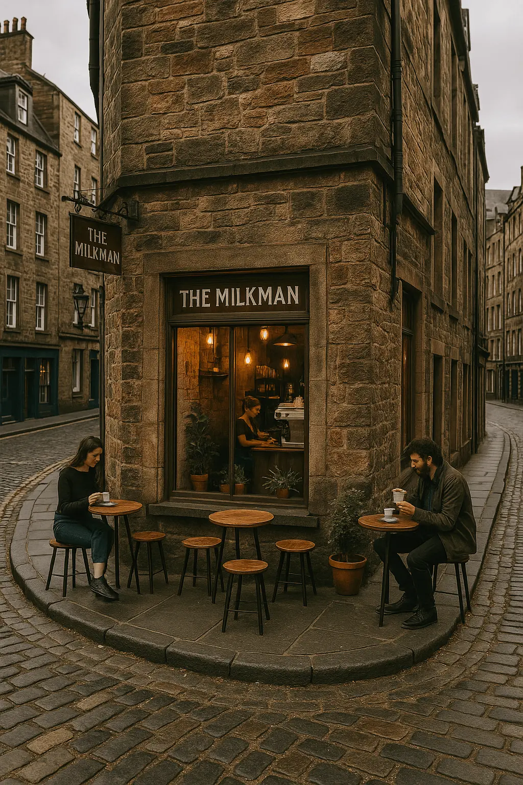Cozy exterior view of The Milkman café in Edinburgh, with rustic stone walls, large front windows, and warm lighting inviting passersby in for artisan coffee.
