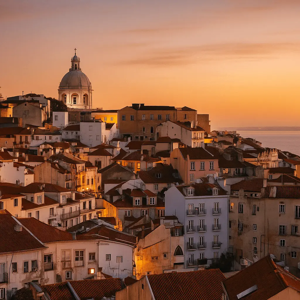 Panoramic view of the Alfama district in Lisbon at sunset, with red rooftops, colorful facades, and the dome of the National Pantheon in the background, lit by the golden evening light.