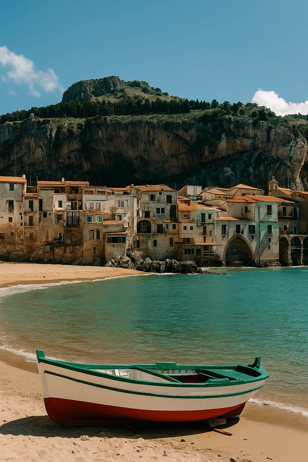 Traditional fishing boat resting on a sandy beach in front of a coastal Sicilian town with colorful buildings, set against rugged cliffs and a clear blue sky.