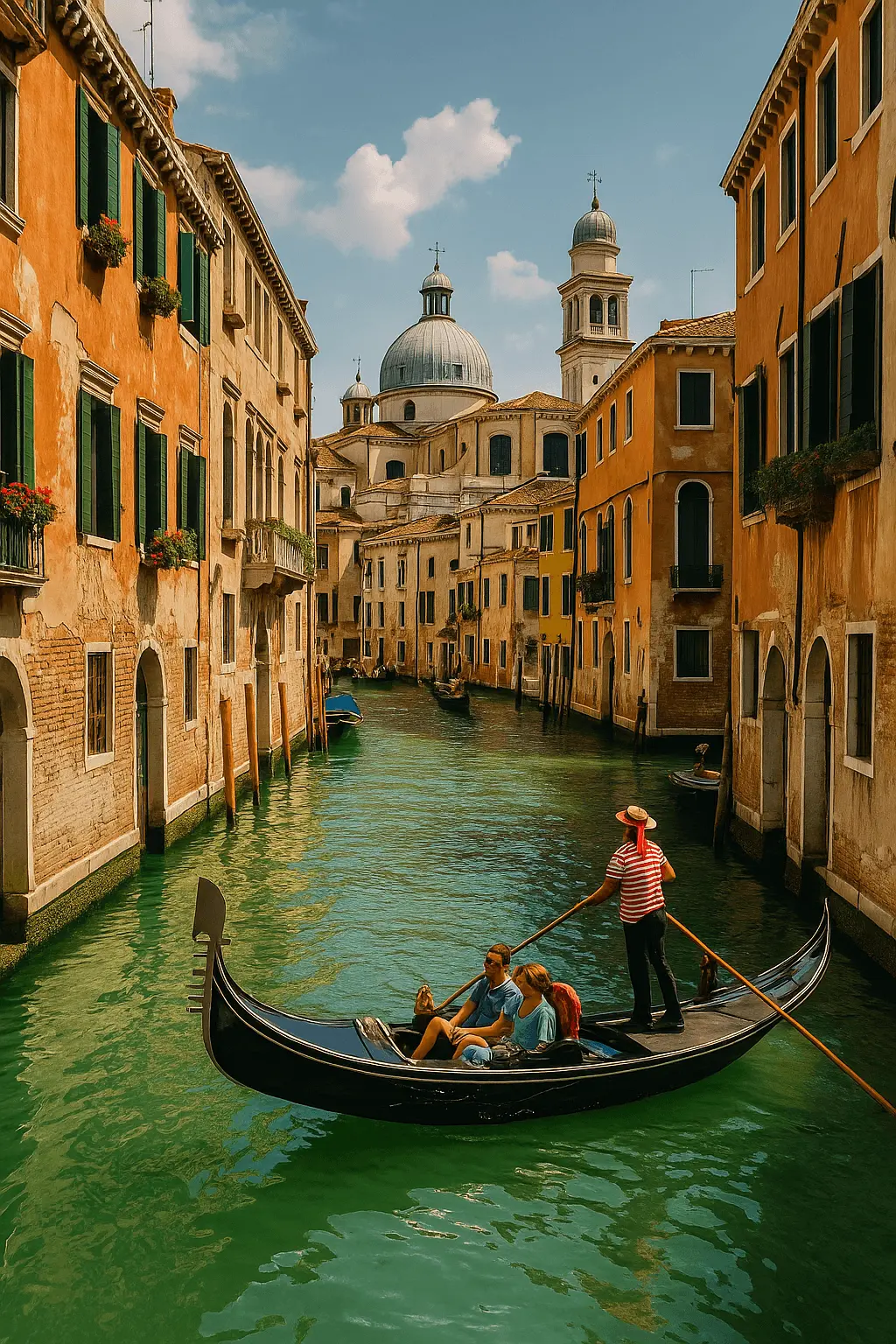 Gondola gliding through a narrow Venetian canal with colorful buildings and the dome of a church in the background, capturing the romantic essence of Venice under a clear sky.