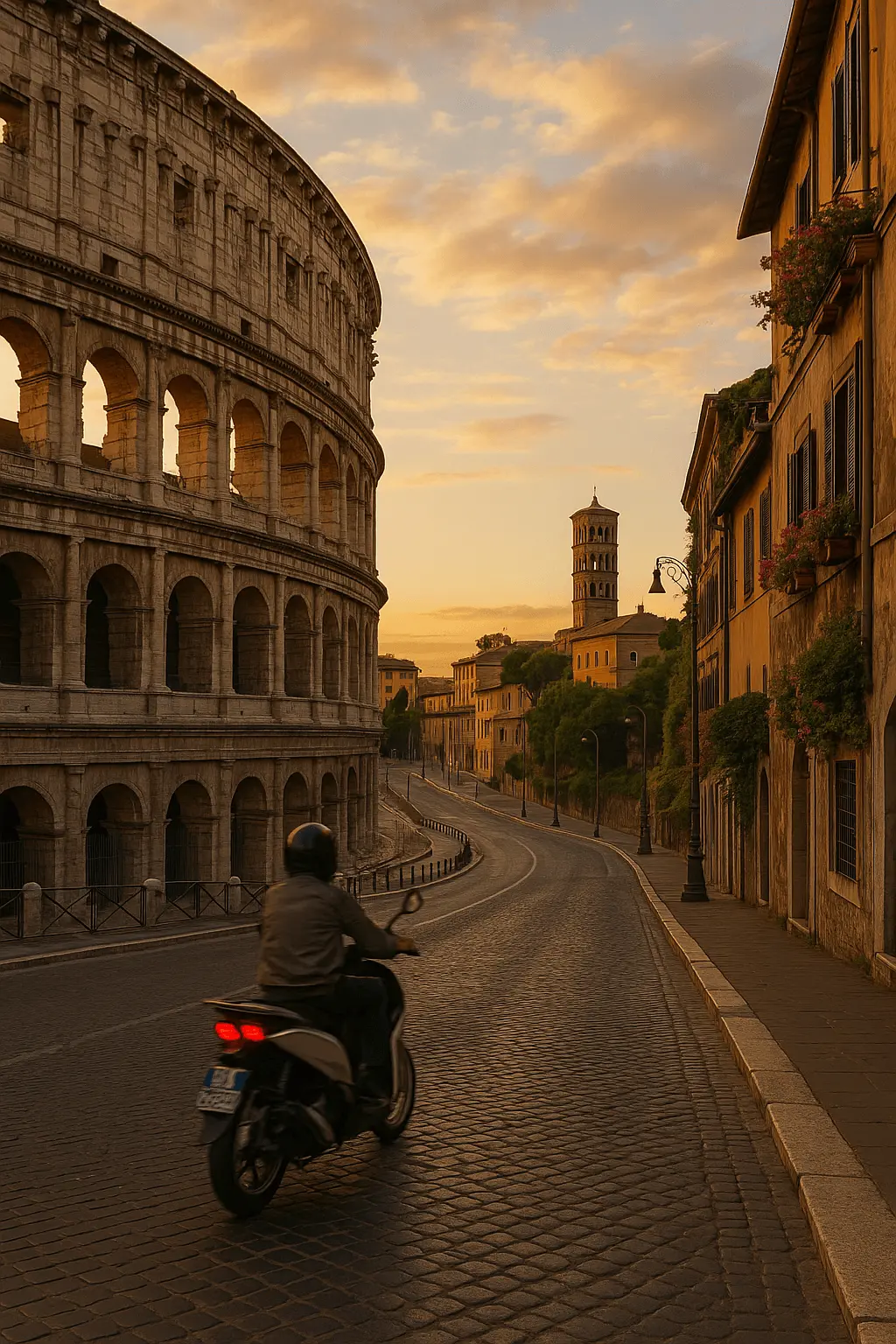The Colosseum in Rome, Italy, illuminated by warm evening light with tourists walking nearby.