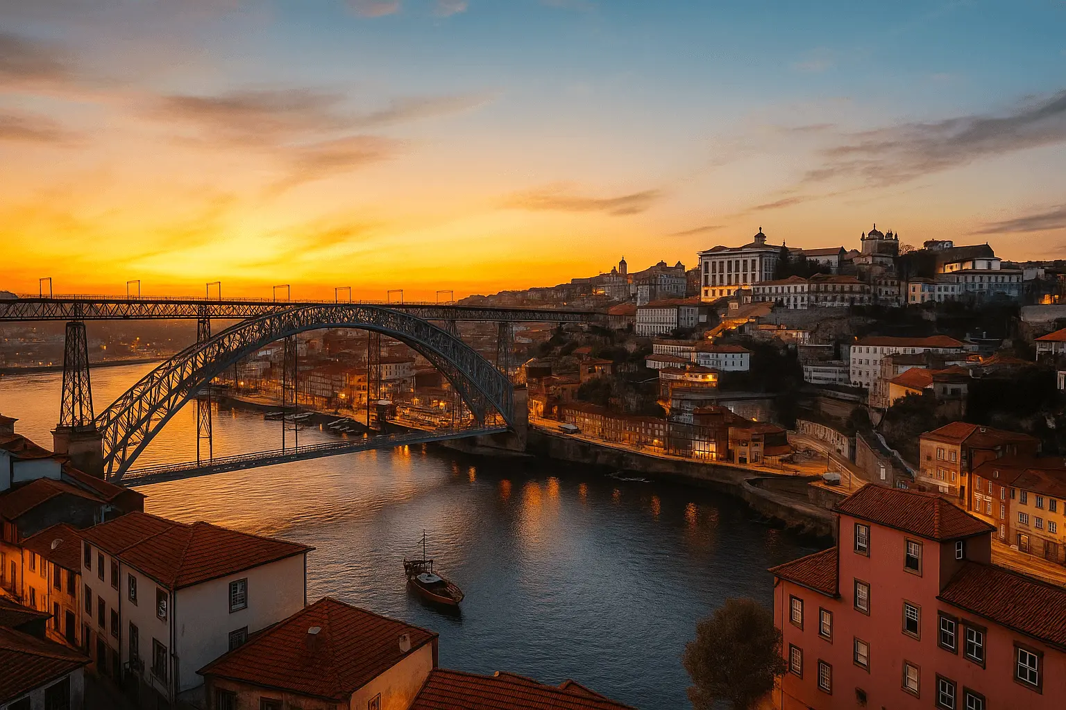 Sunset view of Porto, Portugal, featuring the Dom Luís I Bridge spanning the Douro River, with traditional buildings and a rabelo boat in the water, all illuminated by the warm evening light.