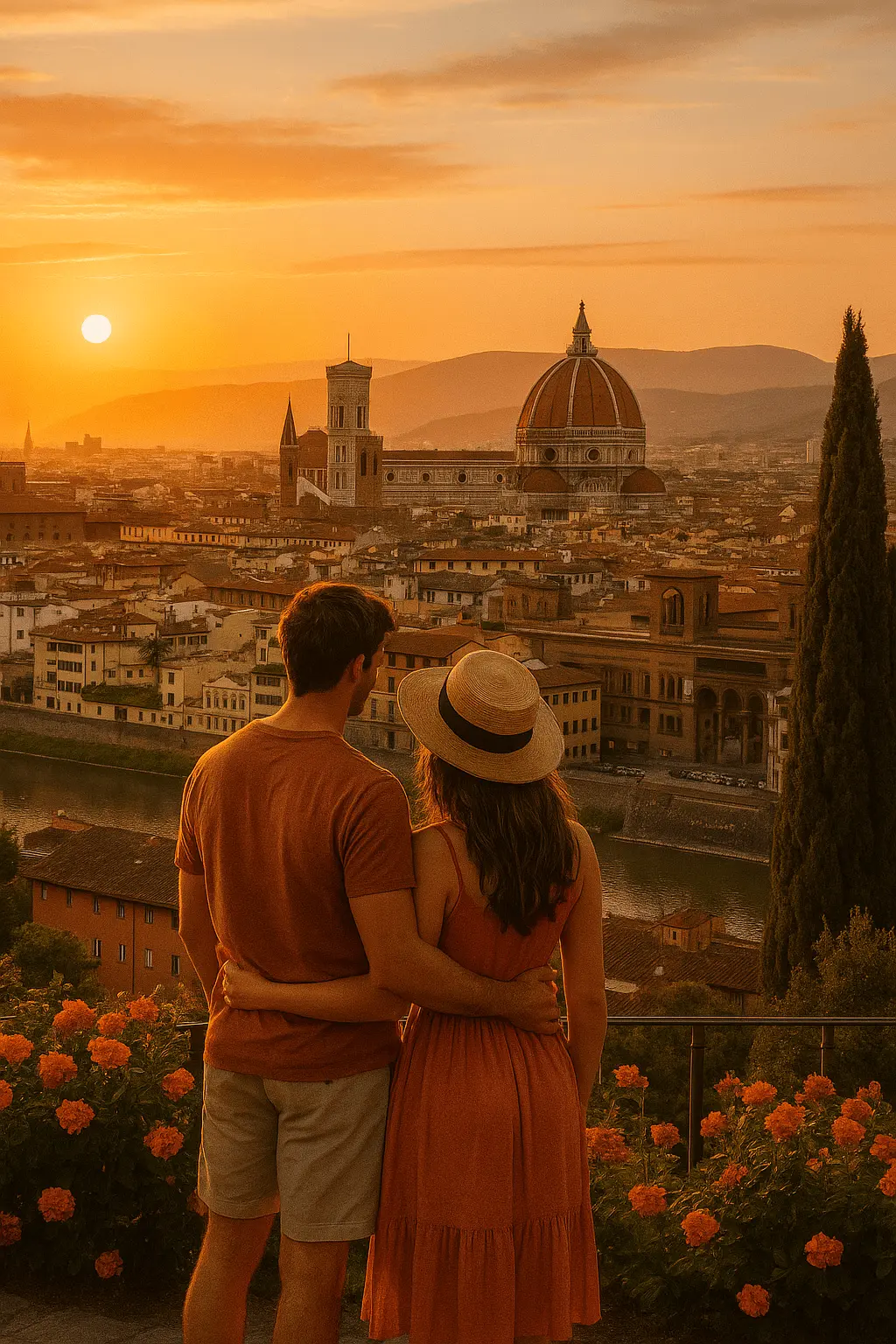 Young couple with backpacks walking through a cobblestone street in Rome, surrounded by historic architecture and sunlight.