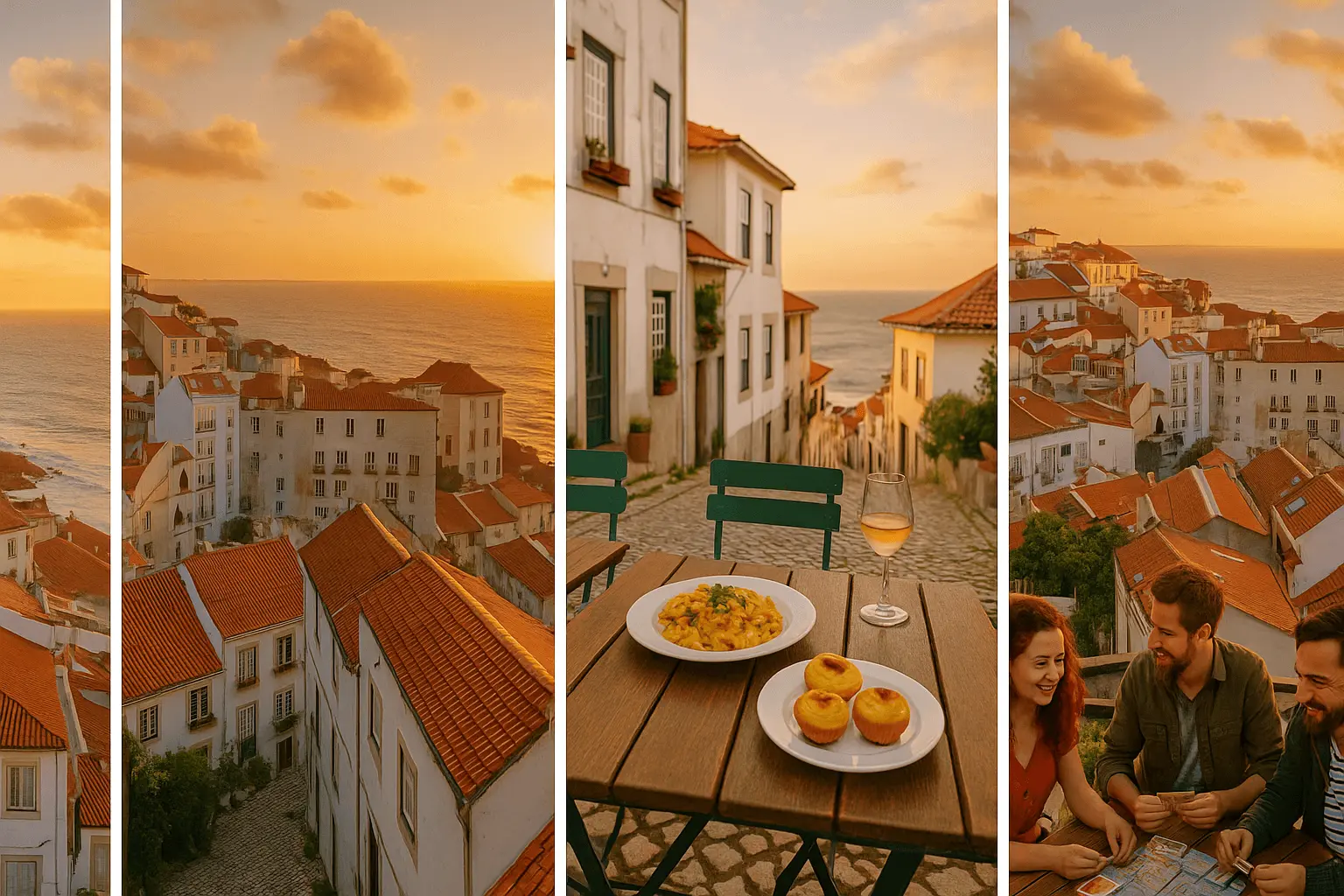 Collage of sunset scenes in a coastal Portuguese village, showing white houses with red roofs overlooking the ocean, a cobblestone street with outdoor dining, traditional Portuguese food including pastéis de nata, and a group of friends playing a board game while enjoying the view.