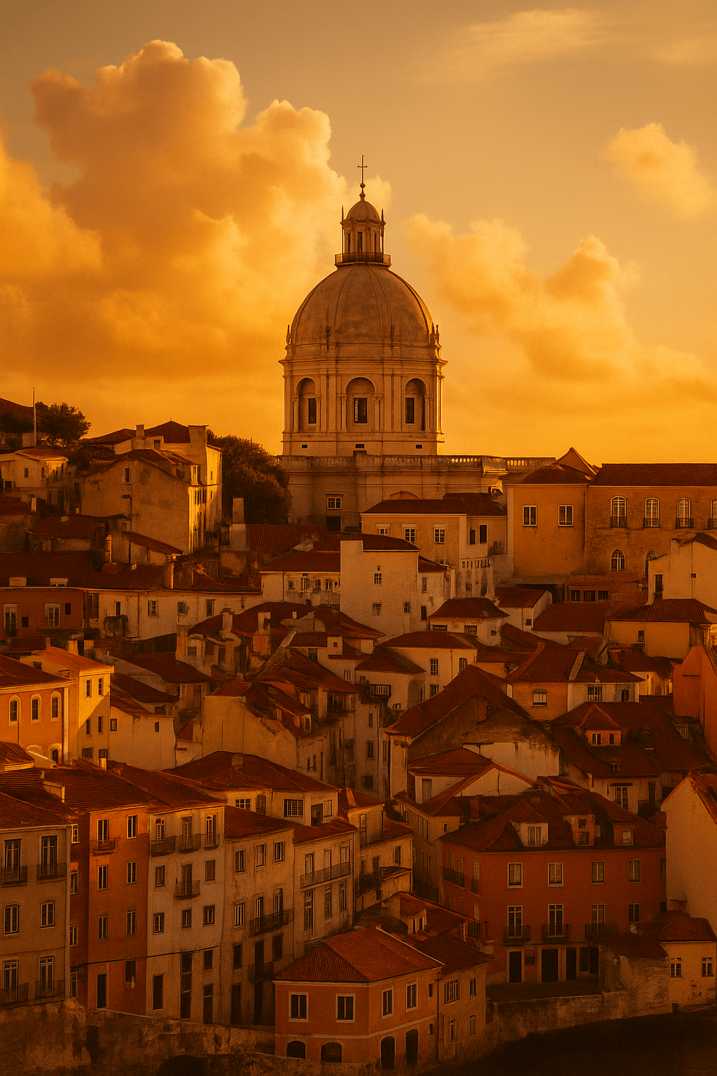 Sunset view of the National Pantheon in Lisbon, Portugal, with its prominent dome rising above a cluster of historic houses with red-tiled roofs, bathed in warm golden light.