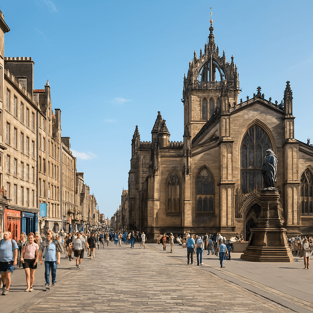 The Royal Mile in Edinburgh on a sunny day, lined with historic stone buildings, shops, and flags, with people walking along the cobbled street.