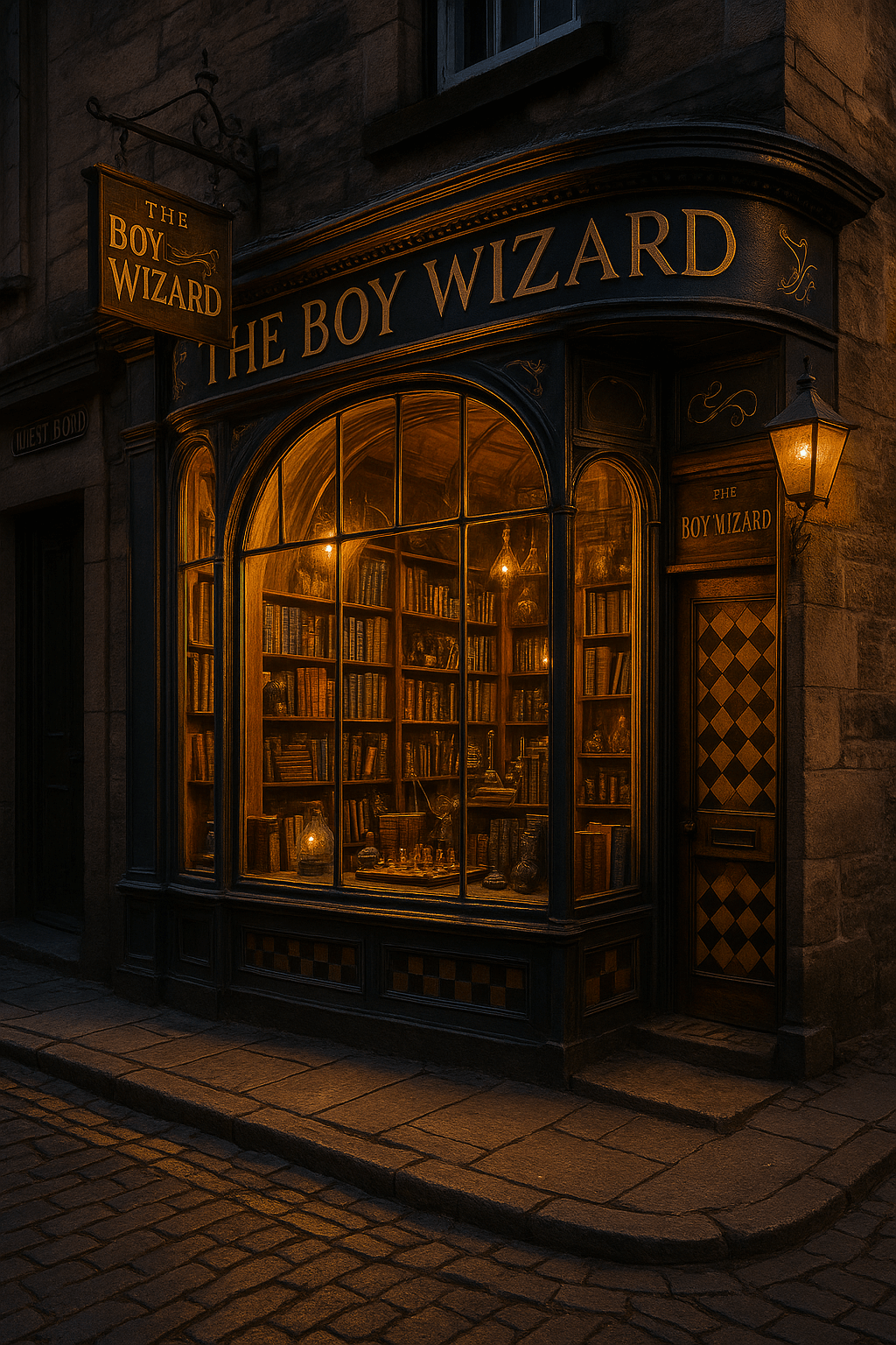 Colorful storefront of The Boy Wizard in Edinburgh, a Harry Potter-themed shop with magical displays, wands, and wizard merchandise lining the entrance on Victoria Street.