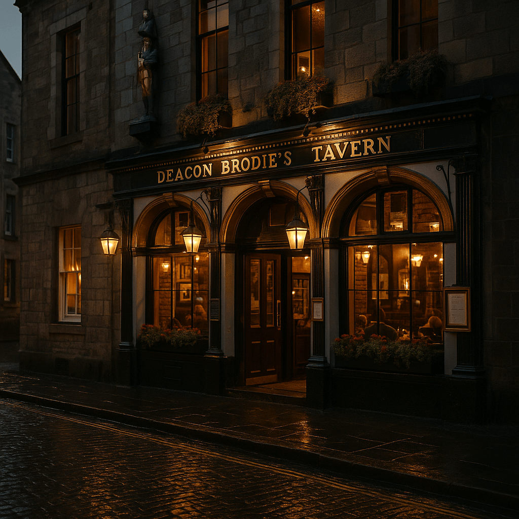 Deacon Brodie’s Tavern, a traditional Scottish pub with ornate signage and flower boxes, located along the historic Royal Mile in Edinburgh.