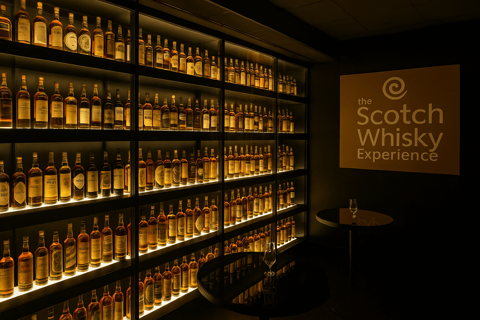 Interior of the Scotch Whisky Experience in Edinburgh, featuring illuminated shelves lined with hundreds of rare and vintage whisky bottles displayed in a warm, golden-lit room.